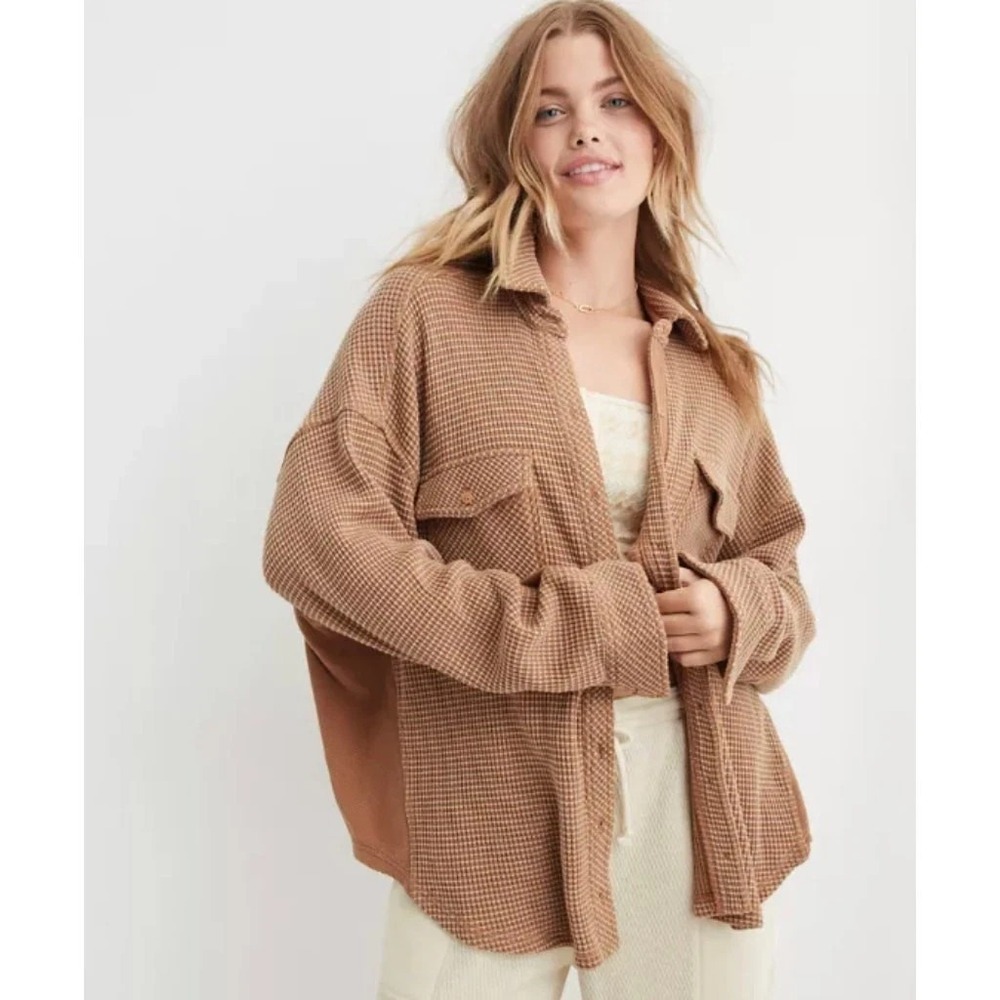 Aerie LumberJane Waffle Shirt Shacket‎ Oversized Large Button Up Minimalist Boho